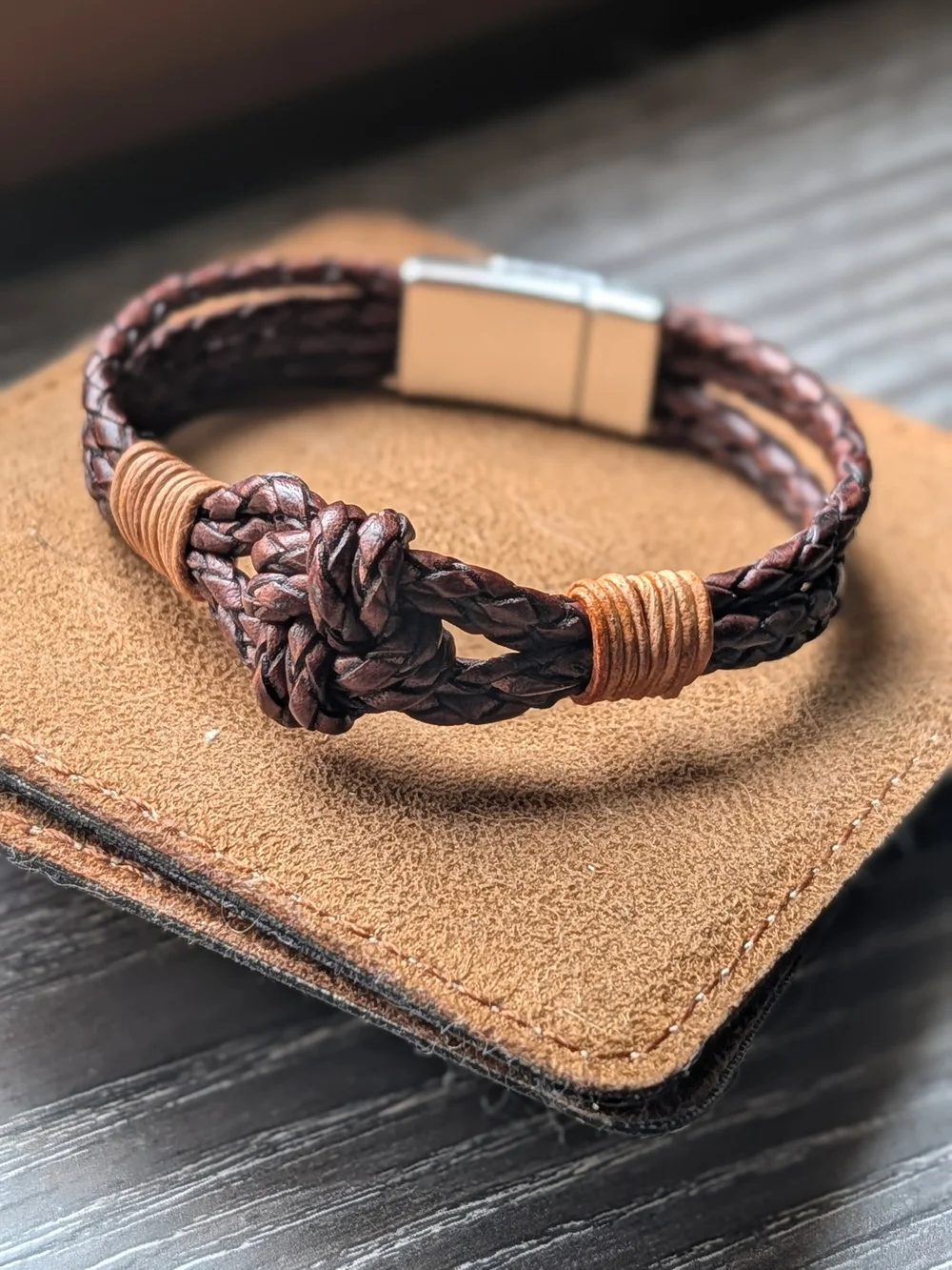 8-Inch Men's Braided Leather Cord Sailor Knot Bracelet with Silver Magnetic Clas